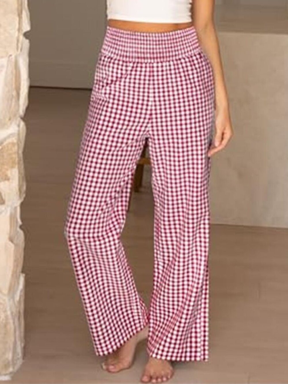 Women's Red Palazzo Pants, Striped & Gingham, Lounge & Casual, Lounge Pants - Picture 10 of 11